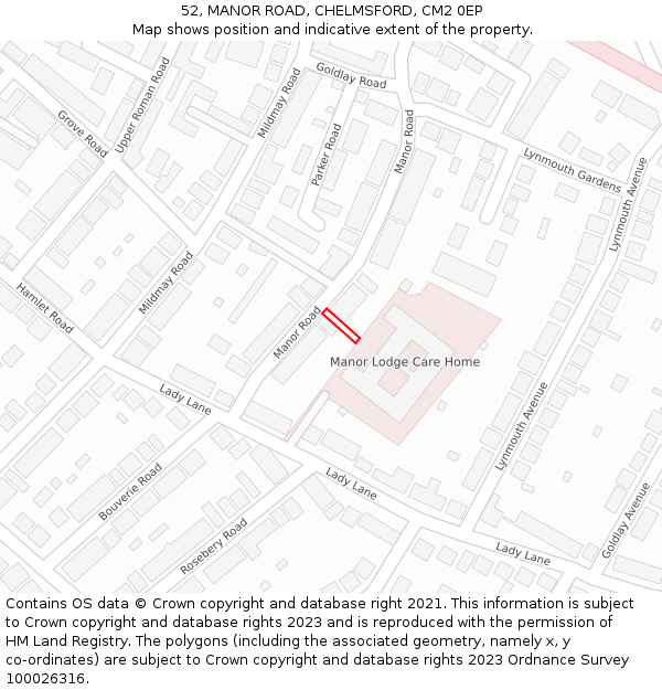 52, MANOR ROAD, CHELMSFORD, CM2 0EP: Location map and indicative extent of plot