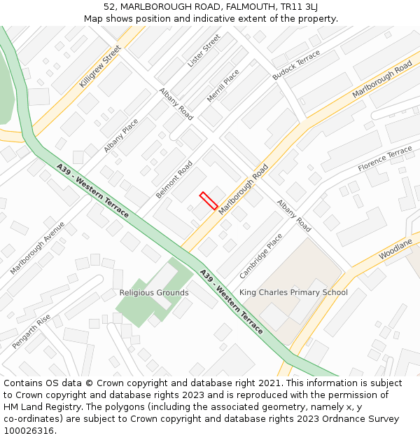52, MARLBOROUGH ROAD, FALMOUTH, TR11 3LJ: Location map and indicative extent of plot