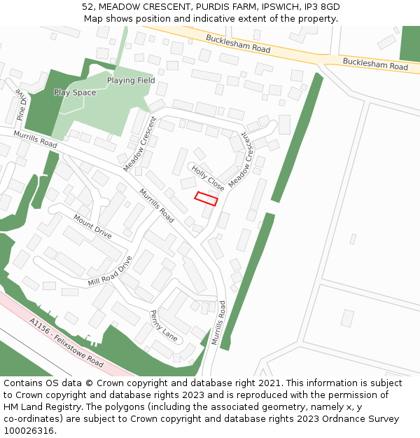 52, MEADOW CRESCENT, PURDIS FARM, IPSWICH, IP3 8GD: Location map and indicative extent of plot