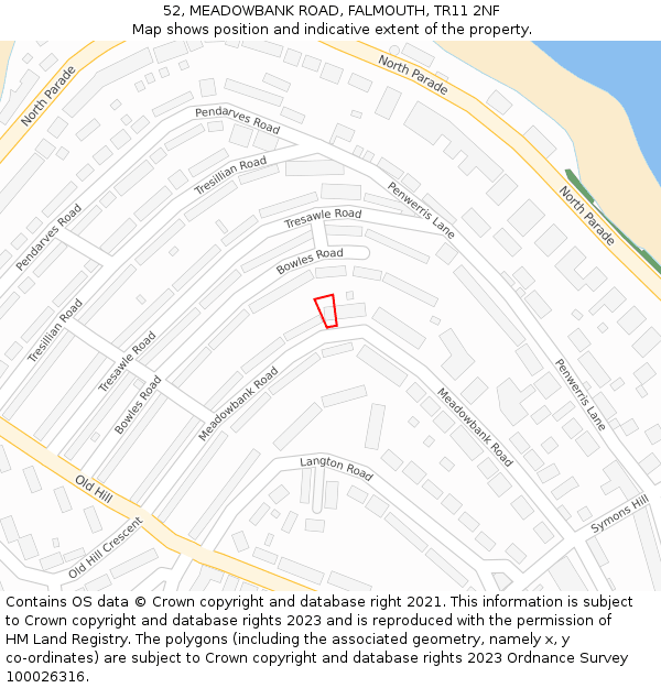52, MEADOWBANK ROAD, FALMOUTH, TR11 2NF: Location map and indicative extent of plot