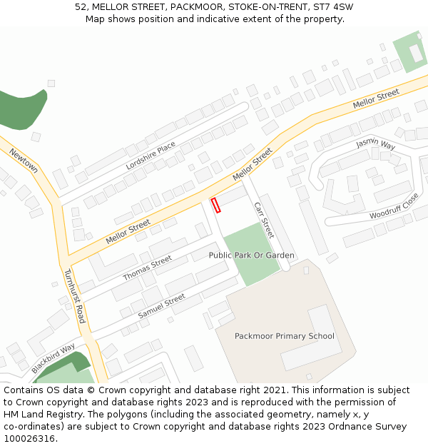52, MELLOR STREET, PACKMOOR, STOKE-ON-TRENT, ST7 4SW: Location map and indicative extent of plot