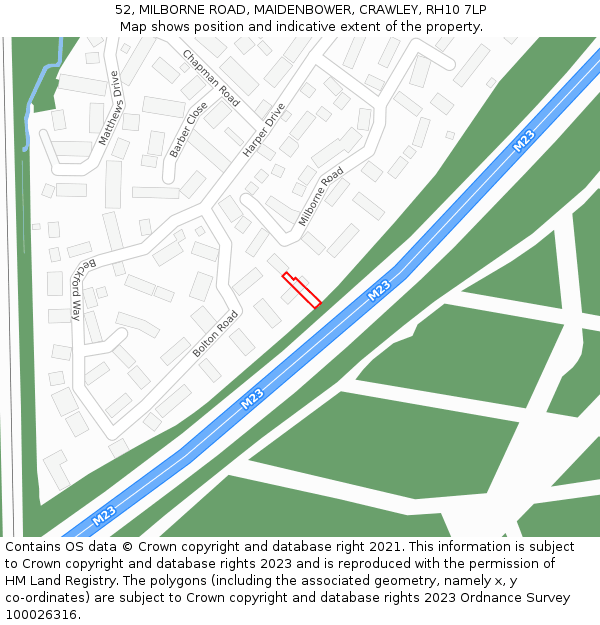 52, MILBORNE ROAD, MAIDENBOWER, CRAWLEY, RH10 7LP: Location map and indicative extent of plot