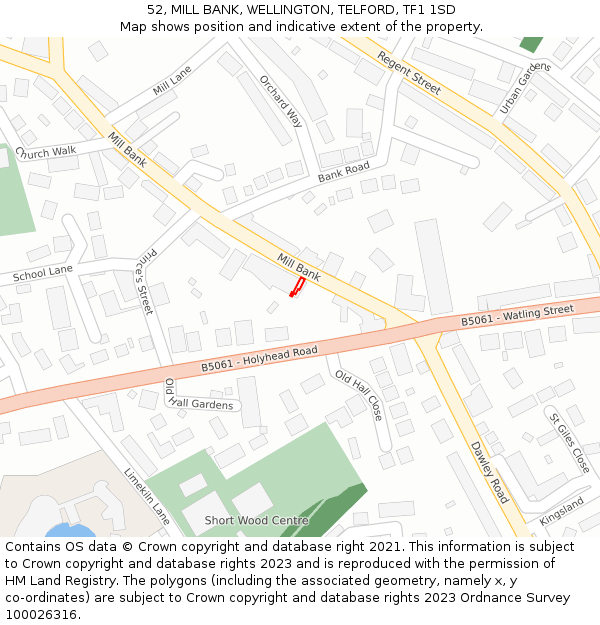 52, MILL BANK, WELLINGTON, TELFORD, TF1 1SD: Location map and indicative extent of plot