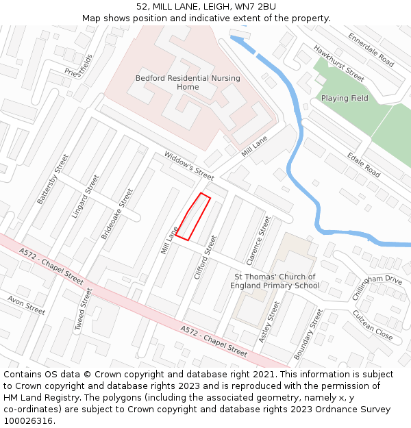 52, MILL LANE, LEIGH, WN7 2BU: Location map and indicative extent of plot