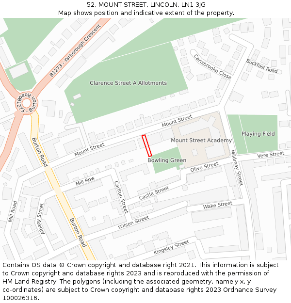 52, MOUNT STREET, LINCOLN, LN1 3JG: Location map and indicative extent of plot
