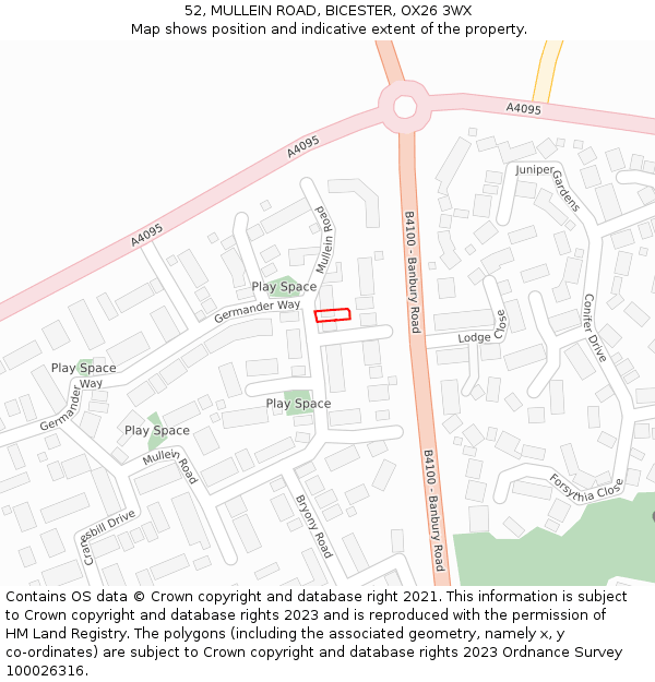 52, MULLEIN ROAD, BICESTER, OX26 3WX: Location map and indicative extent of plot