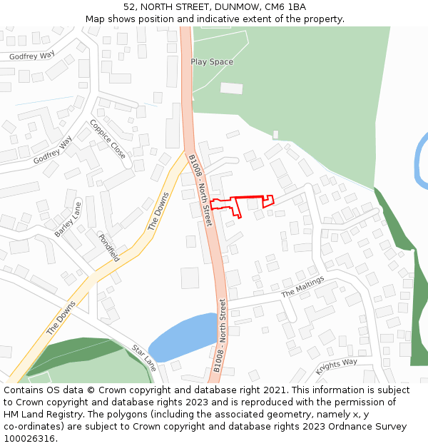 52, NORTH STREET, DUNMOW, CM6 1BA: Location map and indicative extent of plot