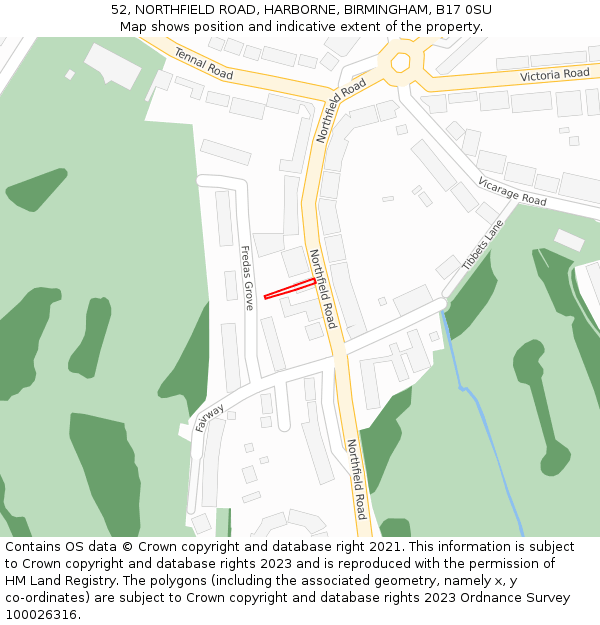 52, NORTHFIELD ROAD, HARBORNE, BIRMINGHAM, B17 0SU: Location map and indicative extent of plot