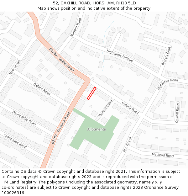 52, OAKHILL ROAD, HORSHAM, RH13 5LD: Location map and indicative extent of plot