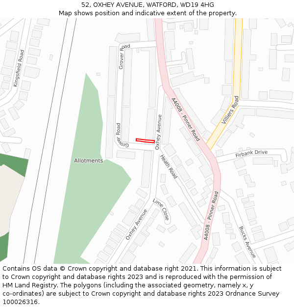 52, OXHEY AVENUE, WATFORD, WD19 4HG: Location map and indicative extent of plot