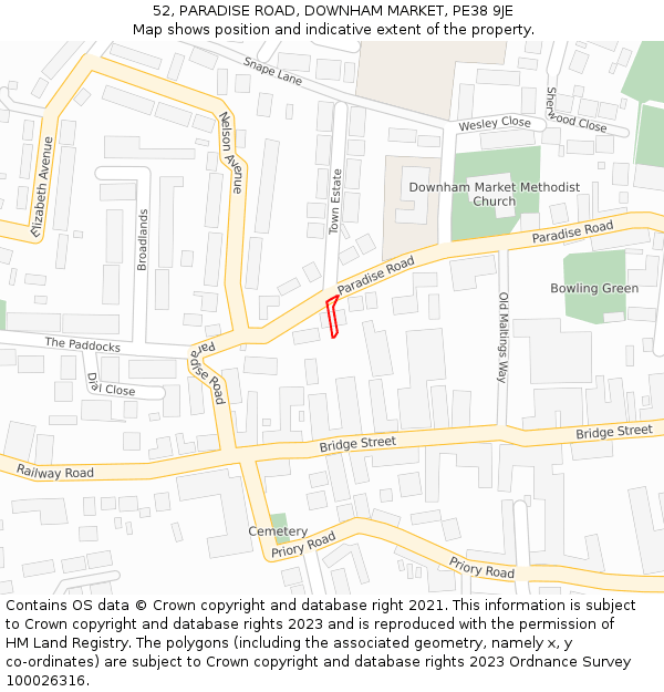52, PARADISE ROAD, DOWNHAM MARKET, PE38 9JE: Location map and indicative extent of plot