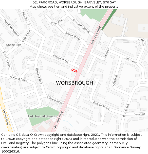 52, PARK ROAD, WORSBROUGH, BARNSLEY, S70 5AT: Location map and indicative extent of plot
