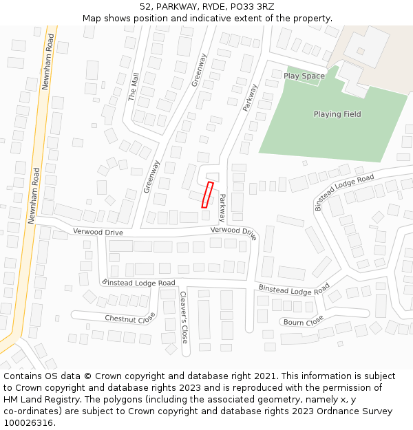 52, PARKWAY, RYDE, PO33 3RZ: Location map and indicative extent of plot