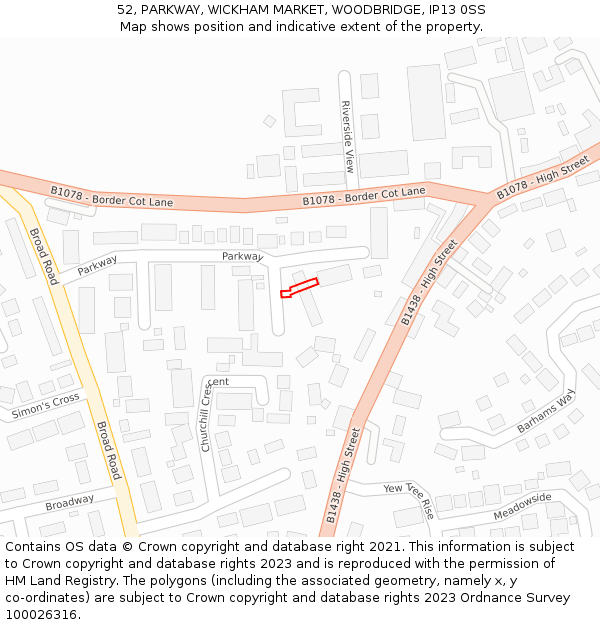 52, PARKWAY, WICKHAM MARKET, WOODBRIDGE, IP13 0SS: Location map and indicative extent of plot