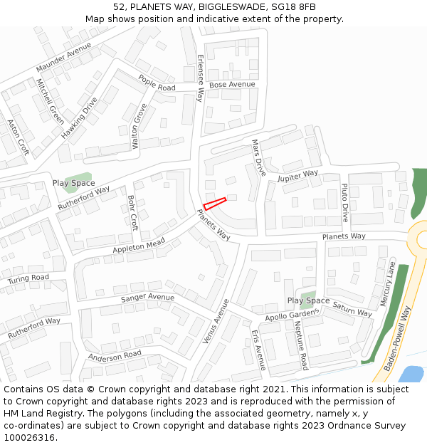 52, PLANETS WAY, BIGGLESWADE, SG18 8FB: Location map and indicative extent of plot