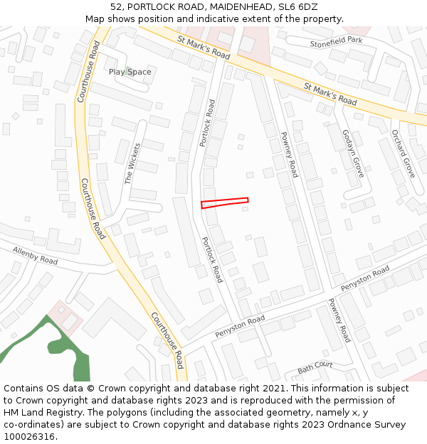 52, PORTLOCK ROAD, MAIDENHEAD, SL6 6DZ: Location map and indicative extent of plot