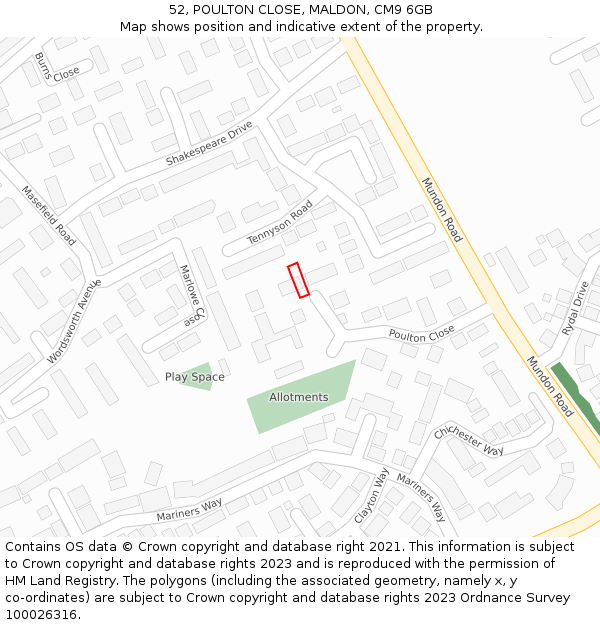 52, POULTON CLOSE, MALDON, CM9 6GB: Location map and indicative extent of plot