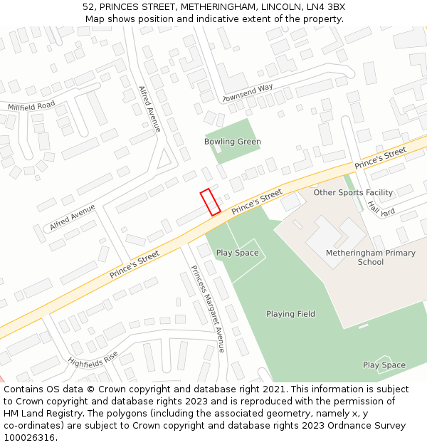52, PRINCES STREET, METHERINGHAM, LINCOLN, LN4 3BX: Location map and indicative extent of plot
