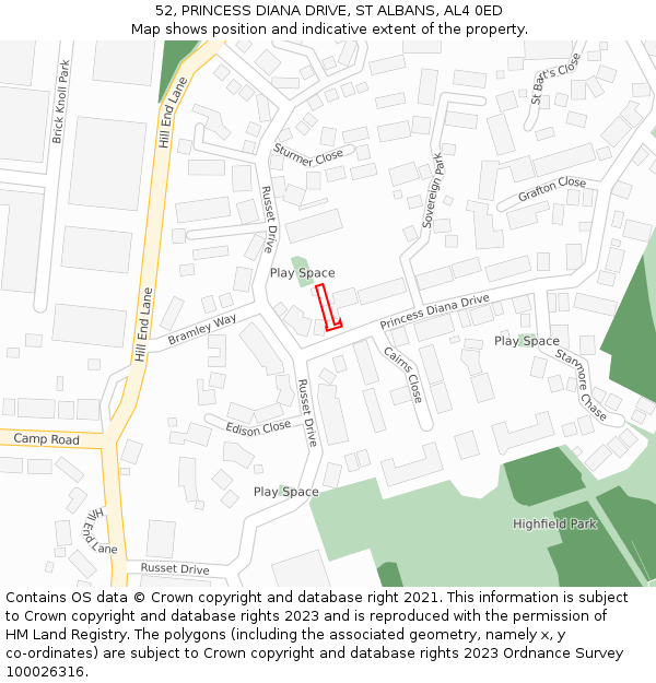 52, PRINCESS DIANA DRIVE, ST ALBANS, AL4 0ED: Location map and indicative extent of plot
