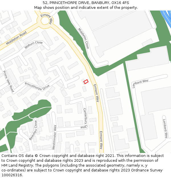 52, PRINCETHORPE DRIVE, BANBURY, OX16 4FS: Location map and indicative extent of plot