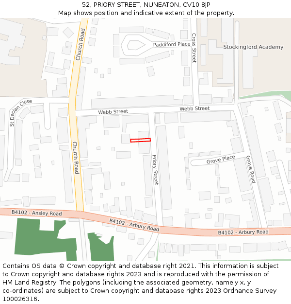52, PRIORY STREET, NUNEATON, CV10 8JP: Location map and indicative extent of plot