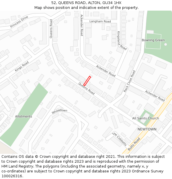 52, QUEENS ROAD, ALTON, GU34 1HX: Location map and indicative extent of plot