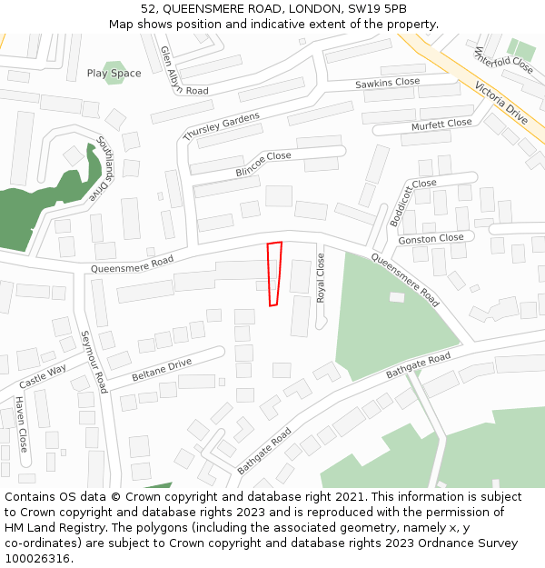52, QUEENSMERE ROAD, LONDON, SW19 5PB: Location map and indicative extent of plot