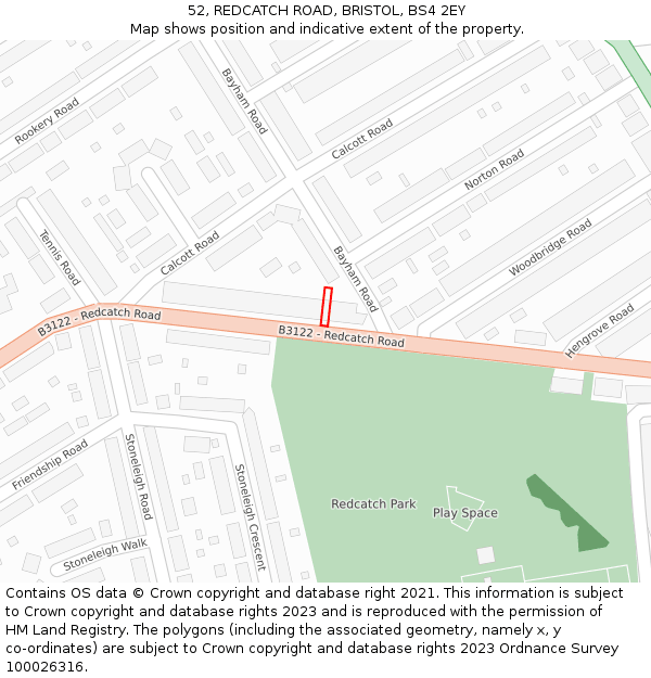 52, REDCATCH ROAD, BRISTOL, BS4 2EY: Location map and indicative extent of plot