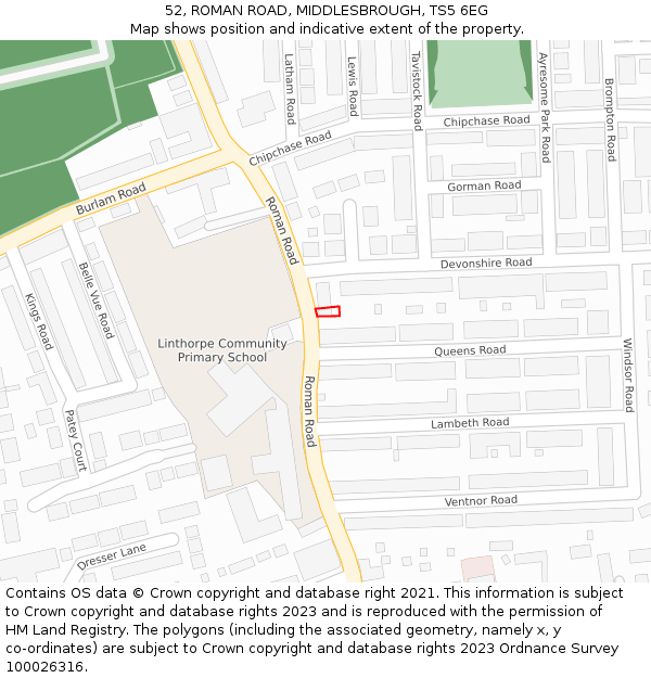 52, ROMAN ROAD, MIDDLESBROUGH, TS5 6EG: Location map and indicative extent of plot