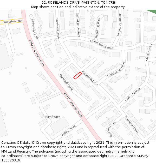 52, ROSELANDS DRIVE, PAIGNTON, TQ4 7RB: Location map and indicative extent of plot