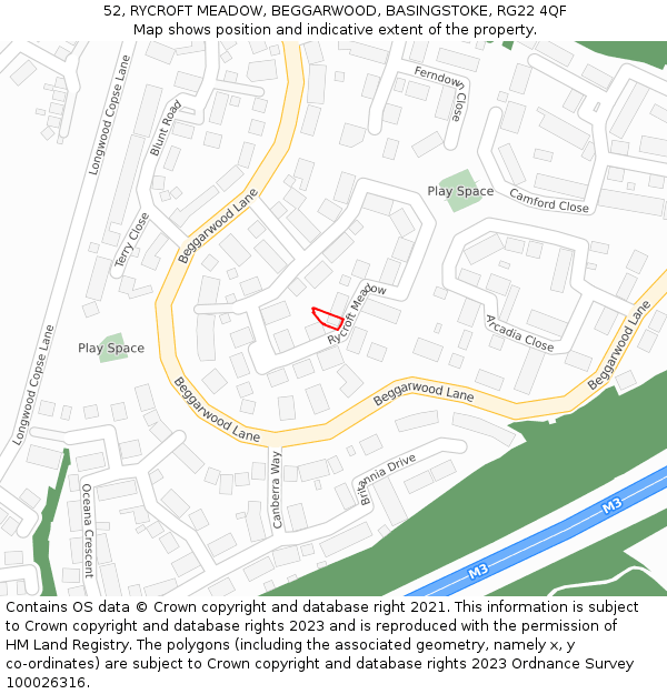 52, RYCROFT MEADOW, BEGGARWOOD, BASINGSTOKE, RG22 4QF: Location map and indicative extent of plot