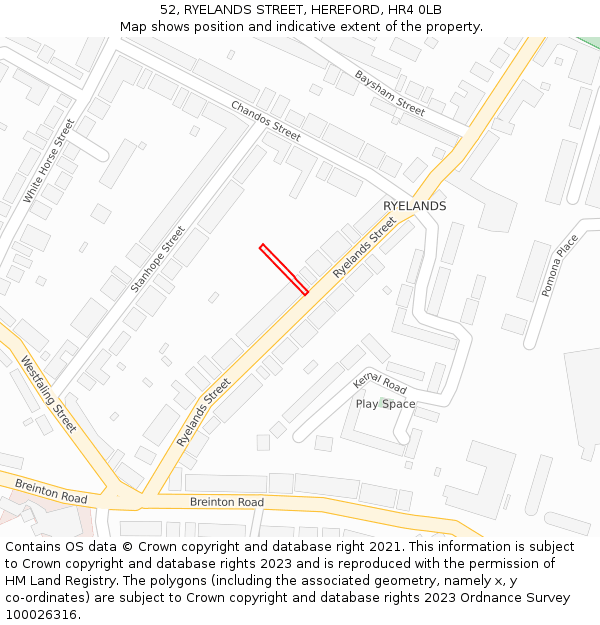 52, RYELANDS STREET, HEREFORD, HR4 0LB: Location map and indicative extent of plot