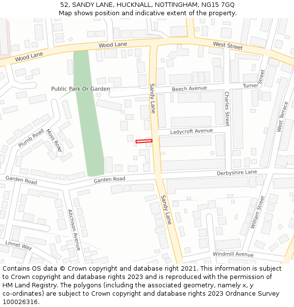 52, SANDY LANE, HUCKNALL, NOTTINGHAM, NG15 7GQ: Location map and indicative extent of plot
