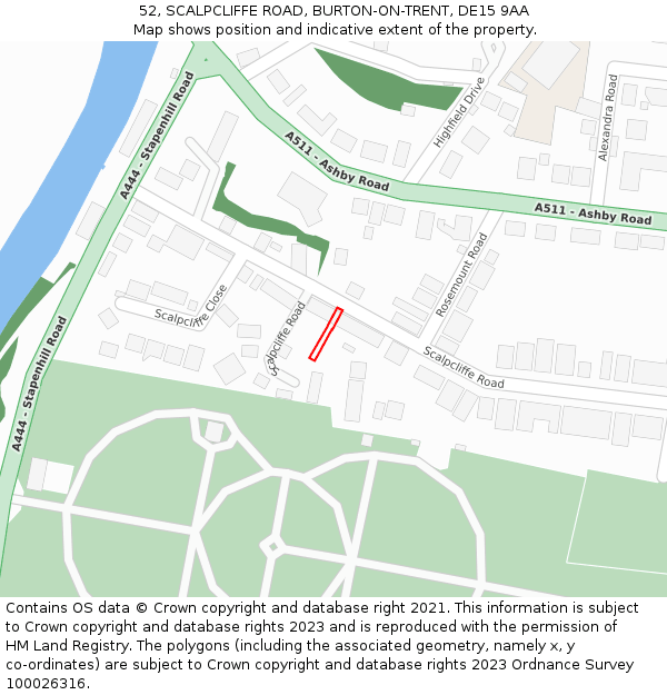 52, SCALPCLIFFE ROAD, BURTON-ON-TRENT, DE15 9AA: Location map and indicative extent of plot
