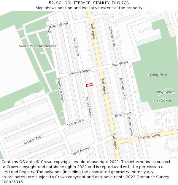 52, SCHOOL TERRACE, STANLEY, DH9 7QN: Location map and indicative extent of plot