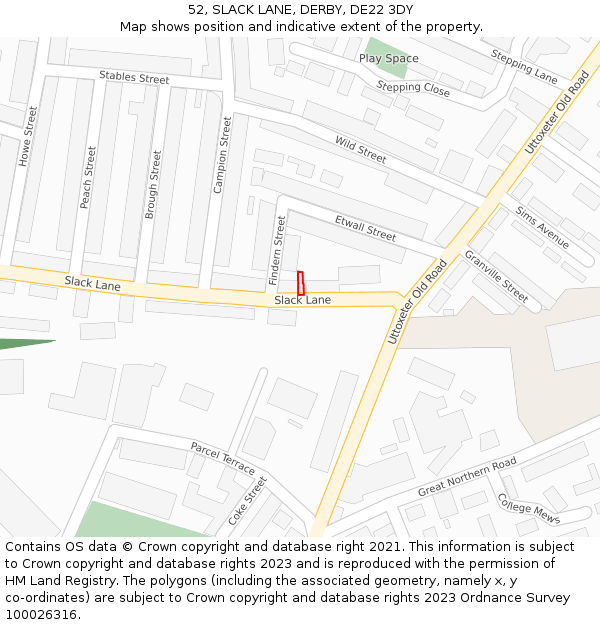 52, SLACK LANE, DERBY, DE22 3DY: Location map and indicative extent of plot