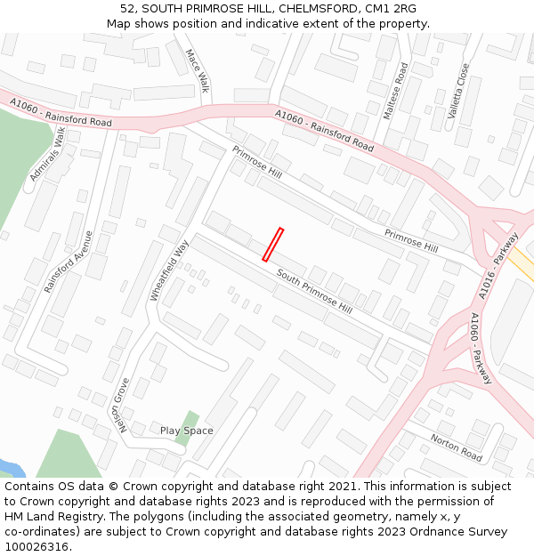 52, SOUTH PRIMROSE HILL, CHELMSFORD, CM1 2RG: Location map and indicative extent of plot