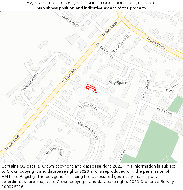 52, STABLEFORD CLOSE, SHEPSHED, LOUGHBOROUGH, LE12 9BT: Location map and indicative extent of plot