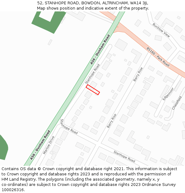 52, STANHOPE ROAD, BOWDON, ALTRINCHAM, WA14 3JL: Location map and indicative extent of plot