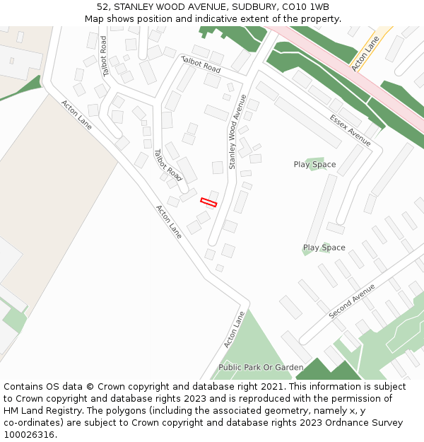 52, STANLEY WOOD AVENUE, SUDBURY, CO10 1WB: Location map and indicative extent of plot
