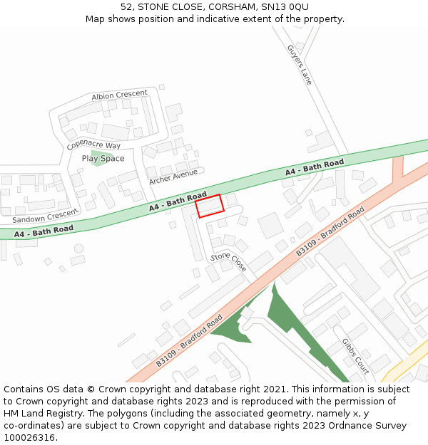 52, STONE CLOSE, CORSHAM, SN13 0QU: Location map and indicative extent of plot