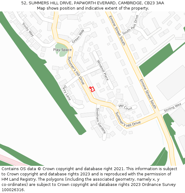 52, SUMMERS HILL DRIVE, PAPWORTH EVERARD, CAMBRIDGE, CB23 3AA: Location map and indicative extent of plot
