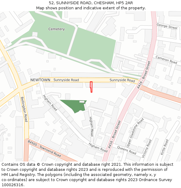 52, SUNNYSIDE ROAD, CHESHAM, HP5 2AR: Location map and indicative extent of plot