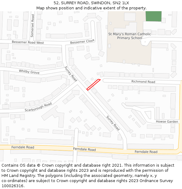 52, SURREY ROAD, SWINDON, SN2 1LX: Location map and indicative extent of plot