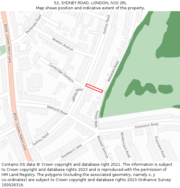 52, SYDNEY ROAD, LONDON, N10 2RL: Location map and indicative extent of plot