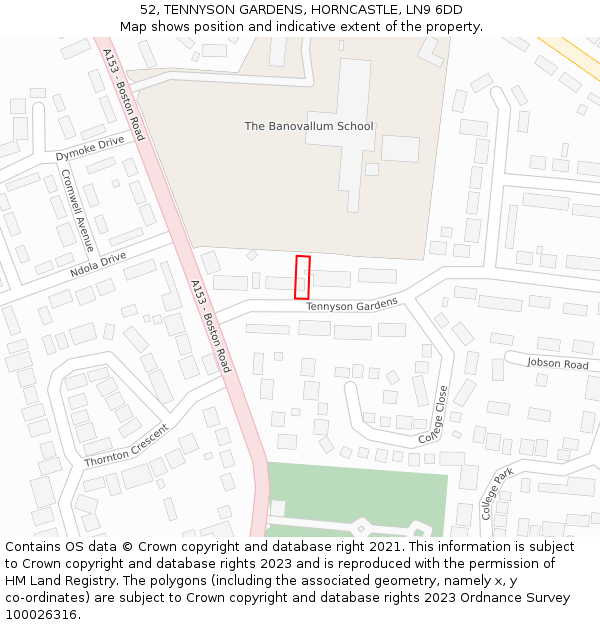 52, TENNYSON GARDENS, HORNCASTLE, LN9 6DD: Location map and indicative extent of plot