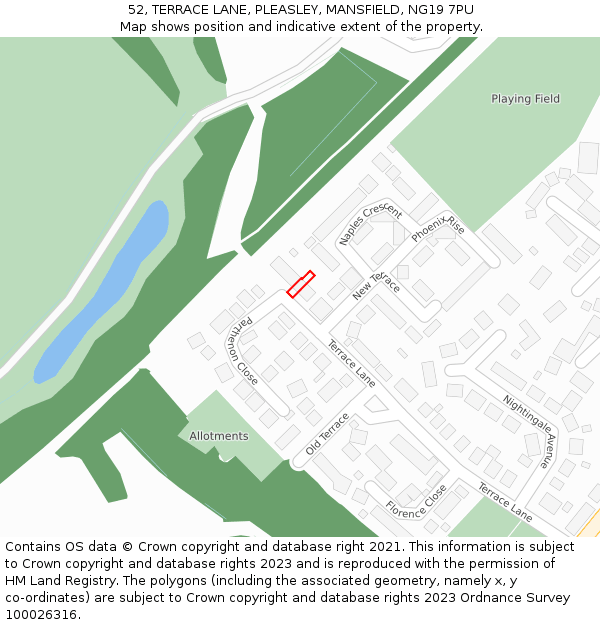 52, TERRACE LANE, PLEASLEY, MANSFIELD, NG19 7PU: Location map and indicative extent of plot