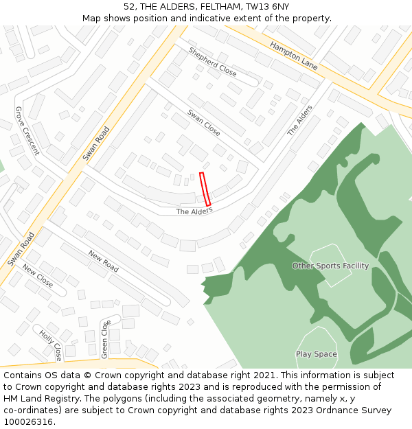 52, THE ALDERS, FELTHAM, TW13 6NY: Location map and indicative extent of plot