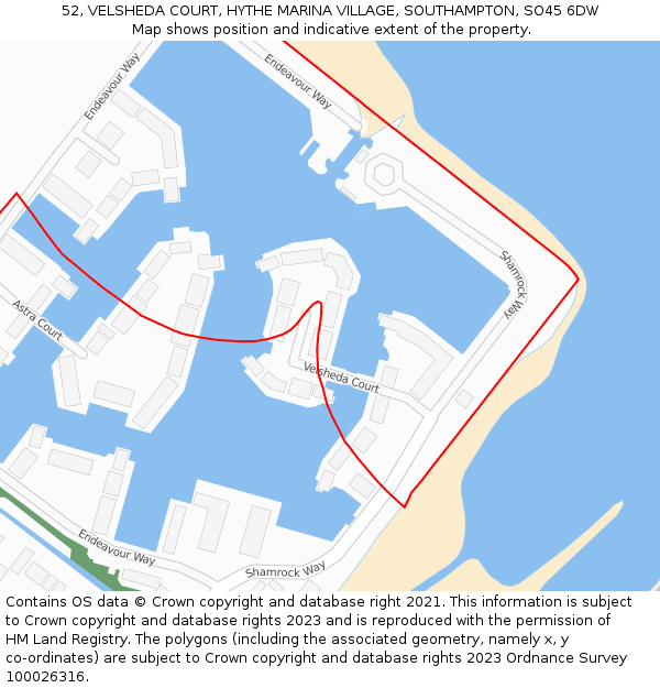 52, VELSHEDA COURT, HYTHE MARINA VILLAGE, SOUTHAMPTON, SO45 6DW: Location map and indicative extent of plot