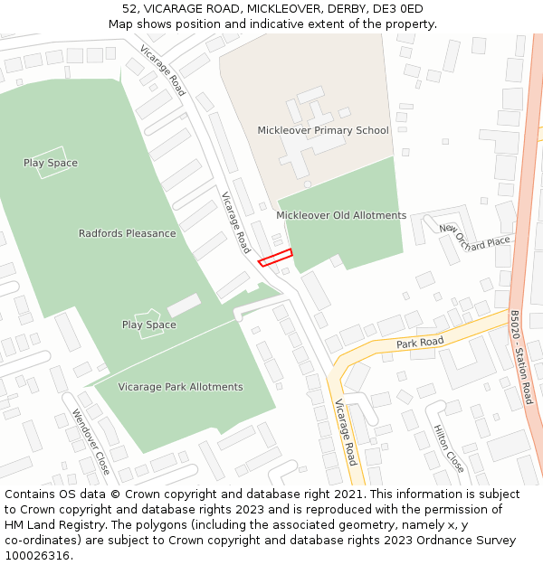 52, VICARAGE ROAD, MICKLEOVER, DERBY, DE3 0ED: Location map and indicative extent of plot